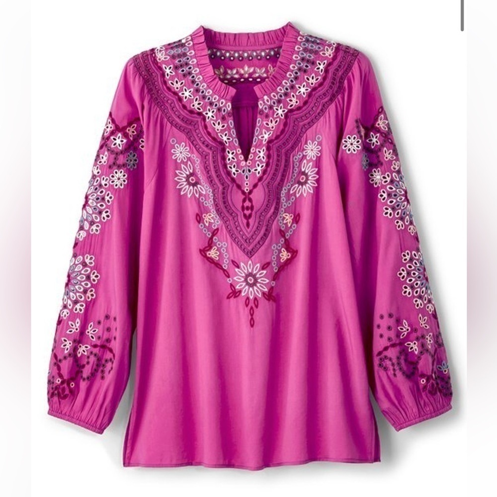 Soft Surroundings Laney Voile Blouse embroidered boho cottagecore romantic L P